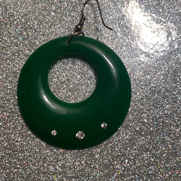 Green hoop Earrings with rhinestones. - Picture 2 of 5